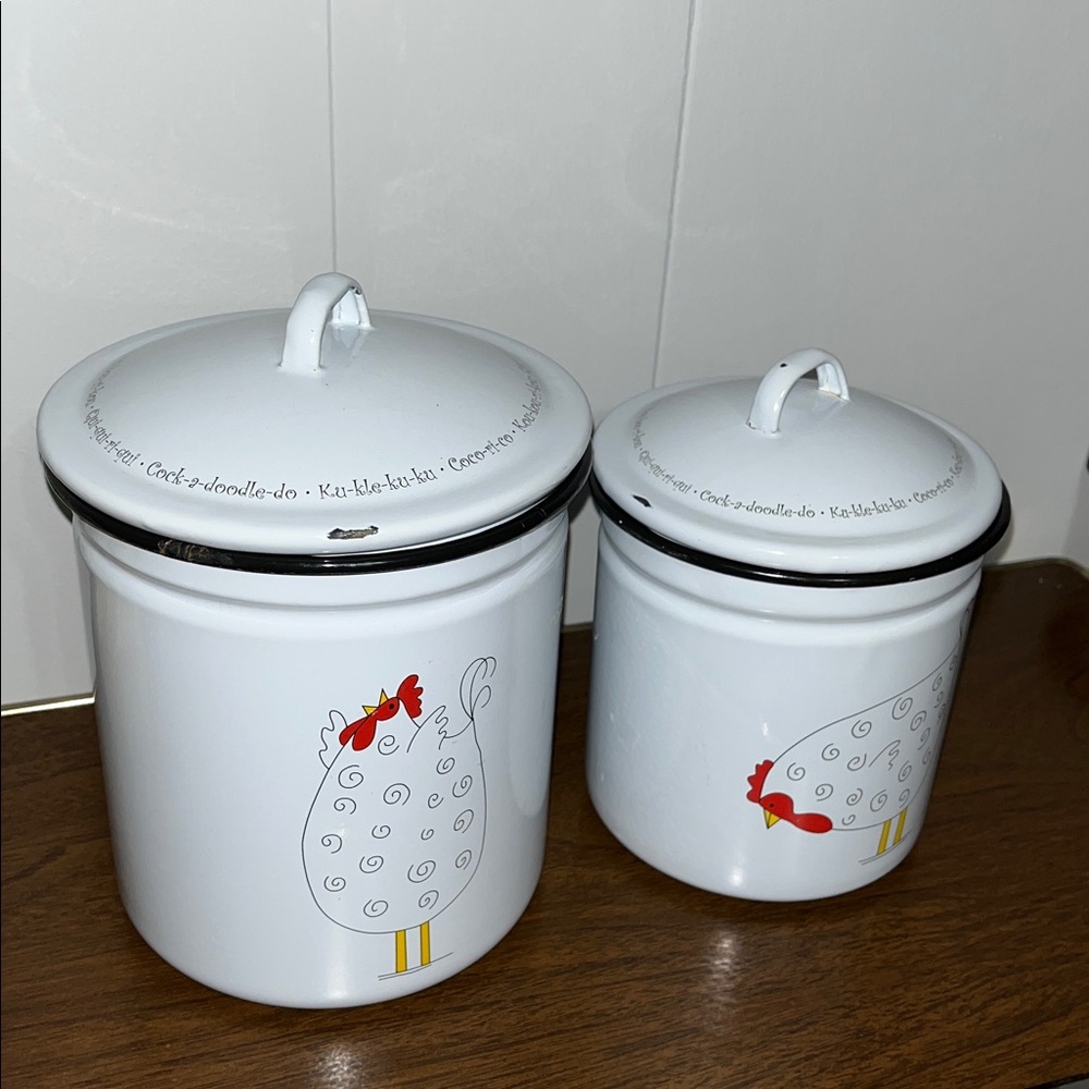 White enameled canisters with chicken design